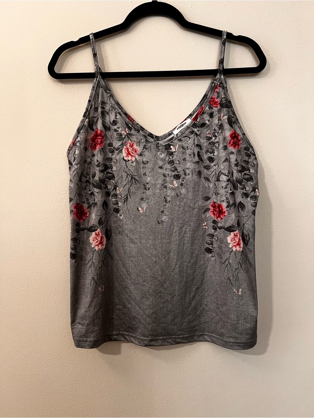 Large Gray Floral V-Neck Cami with Pink and Gray Blooms